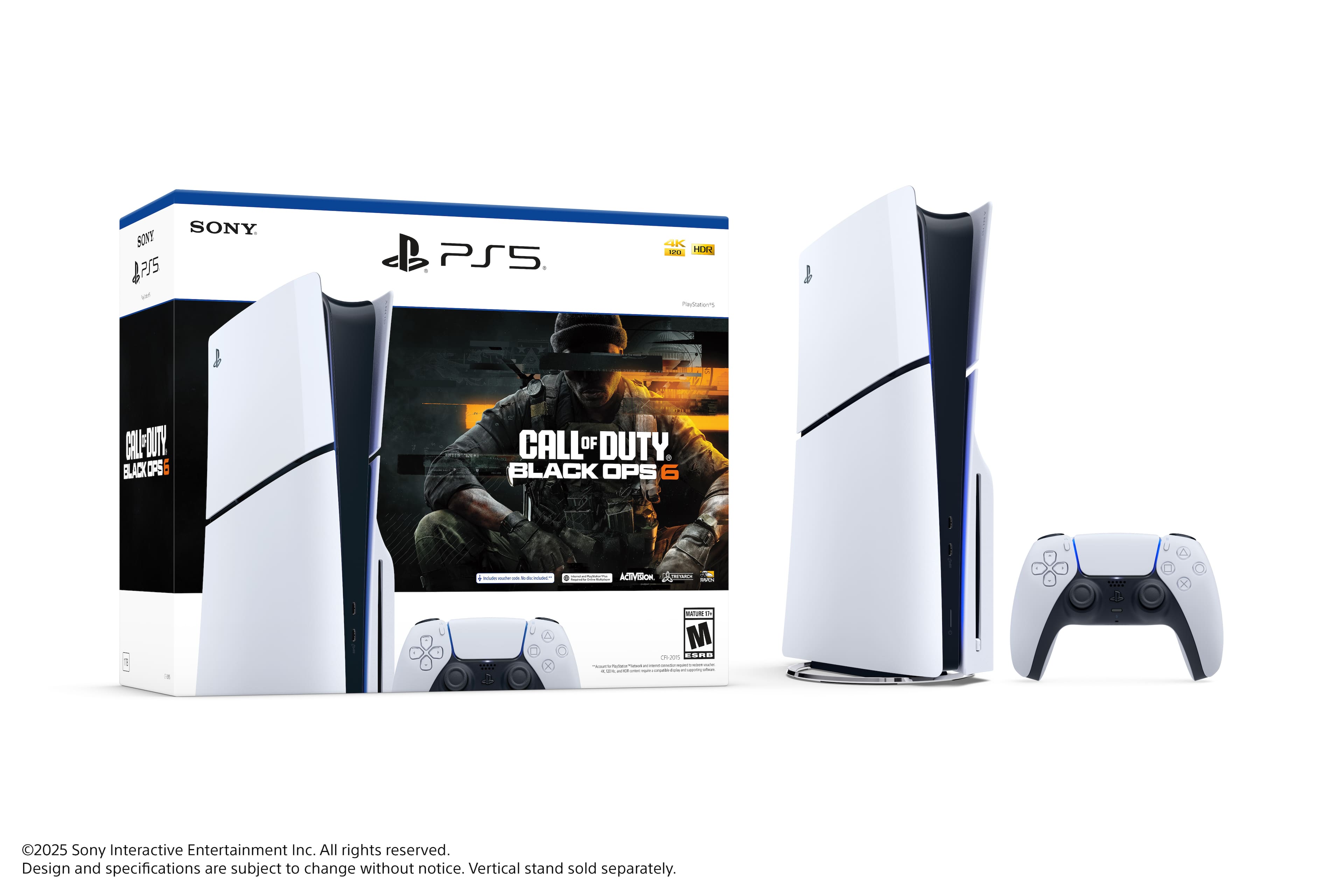 The text on the image reads: "Sony PlayStation 5 - HDRP ready - Call of Duty Black Ops 6 - Activision - 2025 - Sony Interactive Entertainment Inc. All rights reserved. Design and specifications are subject to change without notice. Vertical stand sold separately."