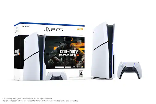 The text on the image reads: "Sony PlayStation 5 - HDRP ready - Call of Duty Black Ops 6 - Activision - 2025 - Sony Interactive Entertainment Inc. All rights reserved. Design and specifications are subject to change without notice. Vertical stand sold separately." - M (Mature 17+)