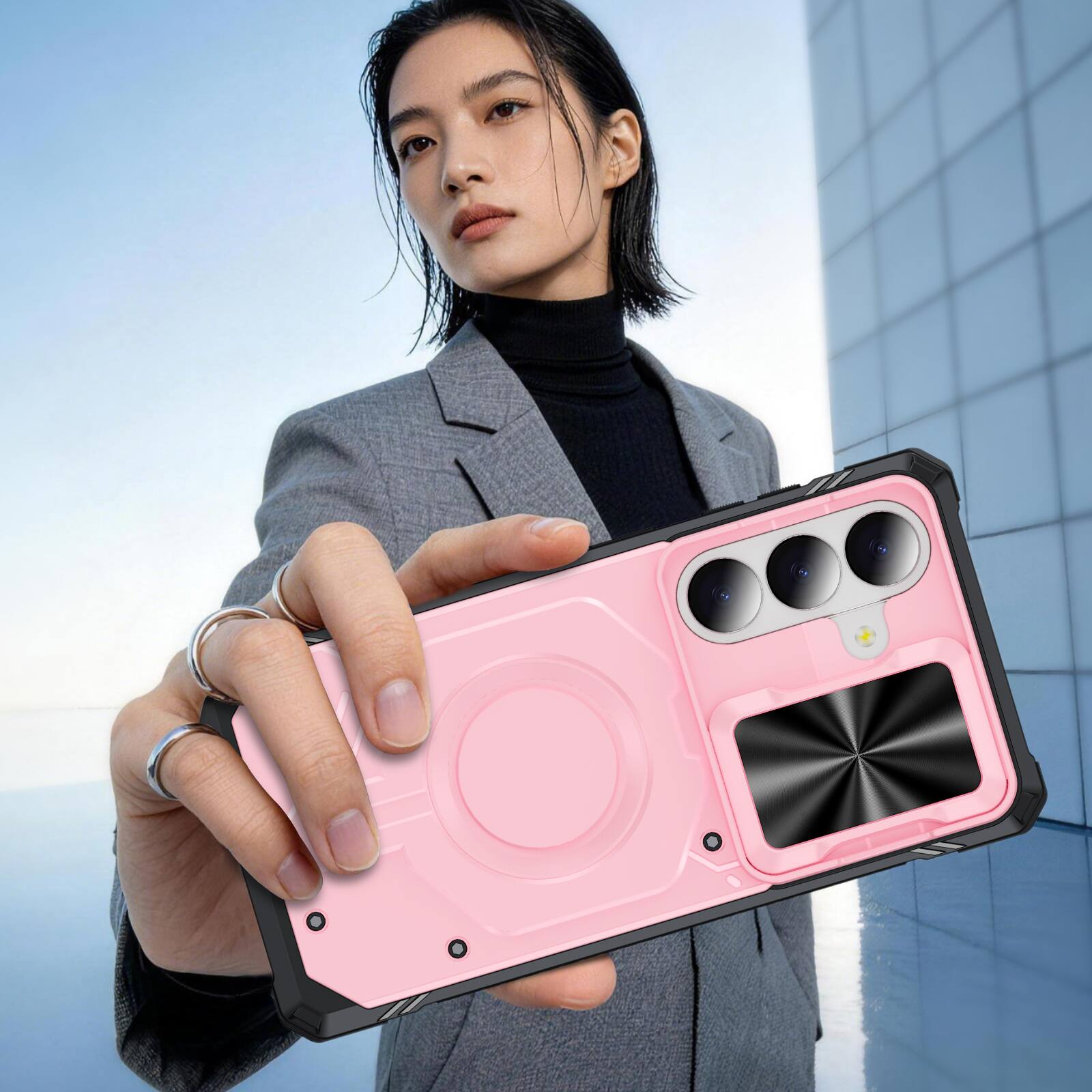 Alt View 1. Dteck - Rugged Shockproof Magnetic Hybrid Protective Case for Samsung Galaxy S26 with Slide Camera Cover, Side Anti-Slip Texture - Pink.