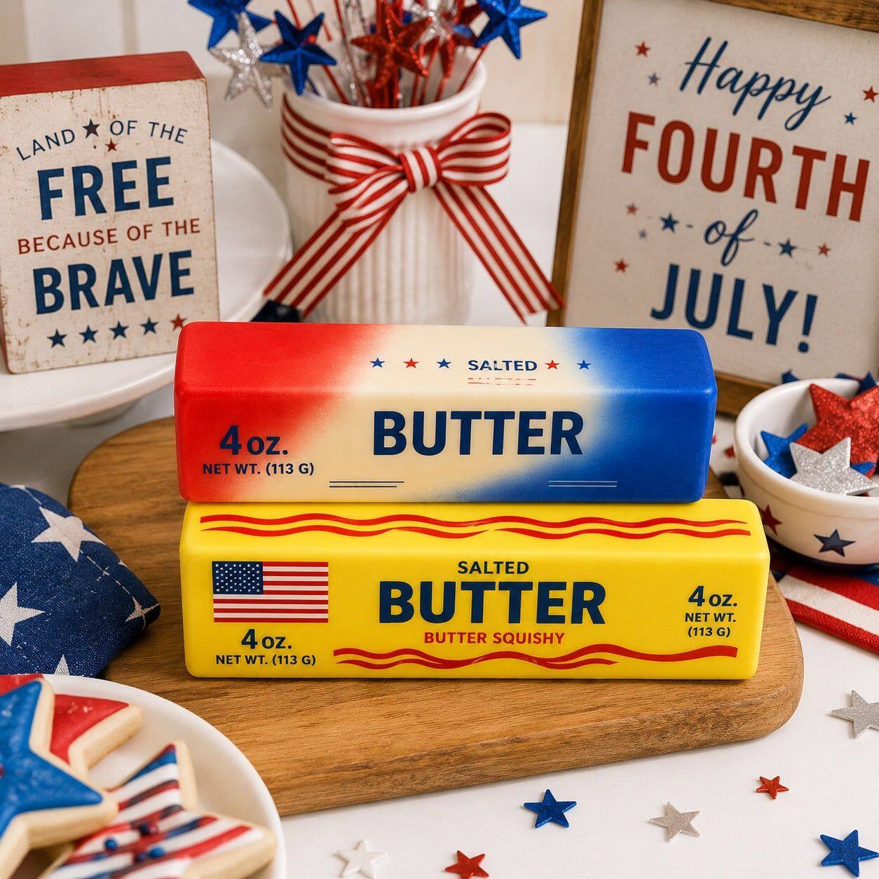 LAND OF THE FREE BECAUSE OF THE BRAVE  
Happy FOURTH of JULY!  
SALTED BUTTER 4oz. NET WT. (113 G)  
SALTED BUTTER 4oz. NET WT. (113 G)  
BUTTER SQUISHY NET WT. (113 G)