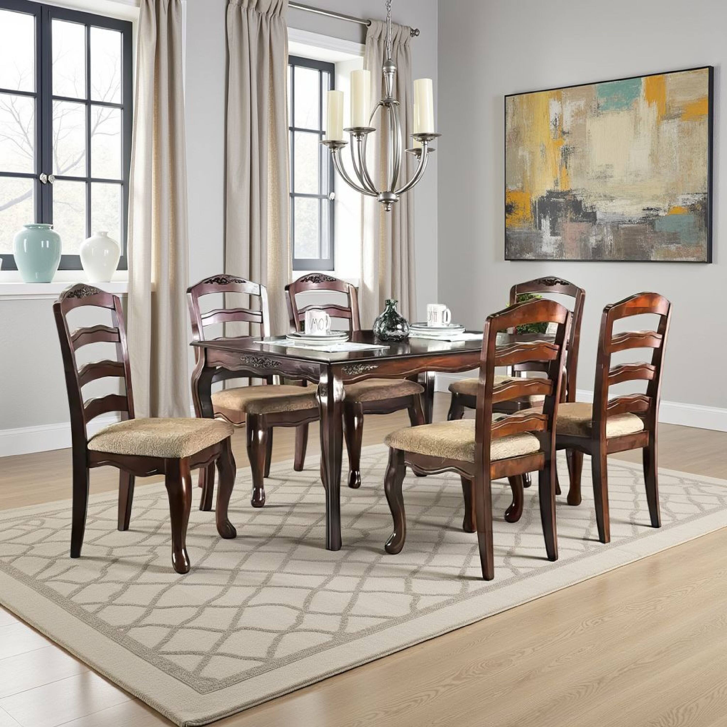 Alt View 5. Manhattan Lane - Viny 7pc Dining Table Set with 6 Fabric Chairs, Dark Walnut Solid Wood - Dark Walnut Brown.