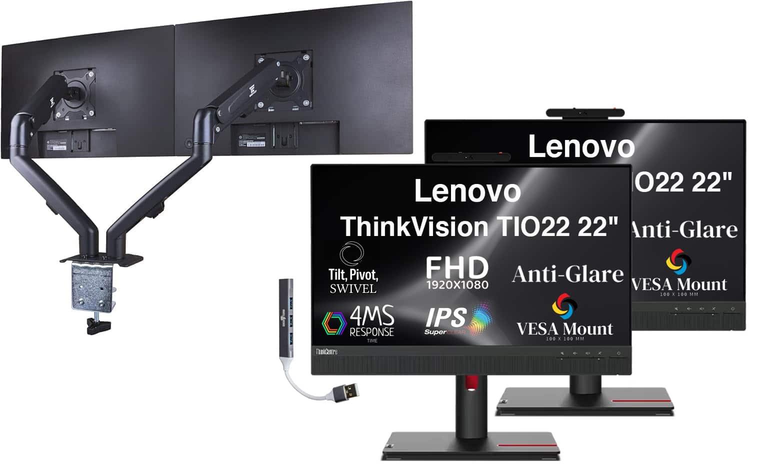 Lenovo - 22" FHD IPS Monitor, 4ms Response Time, Anti-Glare, HDMI, Color 2 Pack w/DKZ Hub & ErgoFlexy Dual Mount Arm - Black