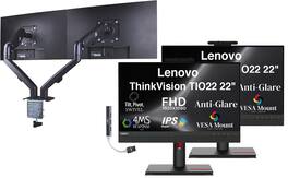 Lenovo - 22" FHD IPS Monitor, 4ms Response Time, Anti-Glare, HDMI, Color 2 Pack w/DKZ Hub & ErgoFlexy Dual Mount Arm - Black
