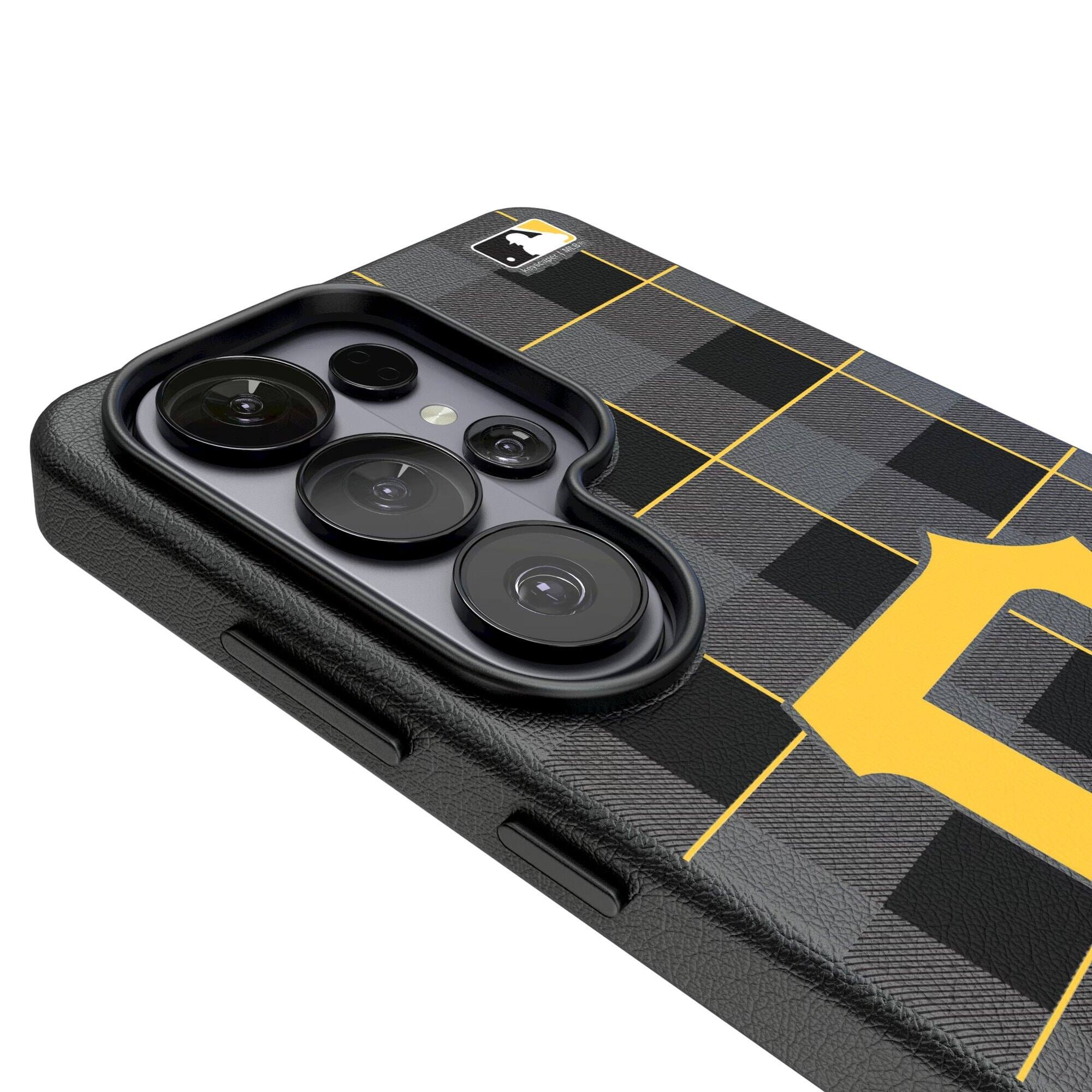 Alt View 2. Keyscaper - Pittsburgh Pirates Plaid Galaxy Magnetic Bump Case - S25 Ultra - Black.