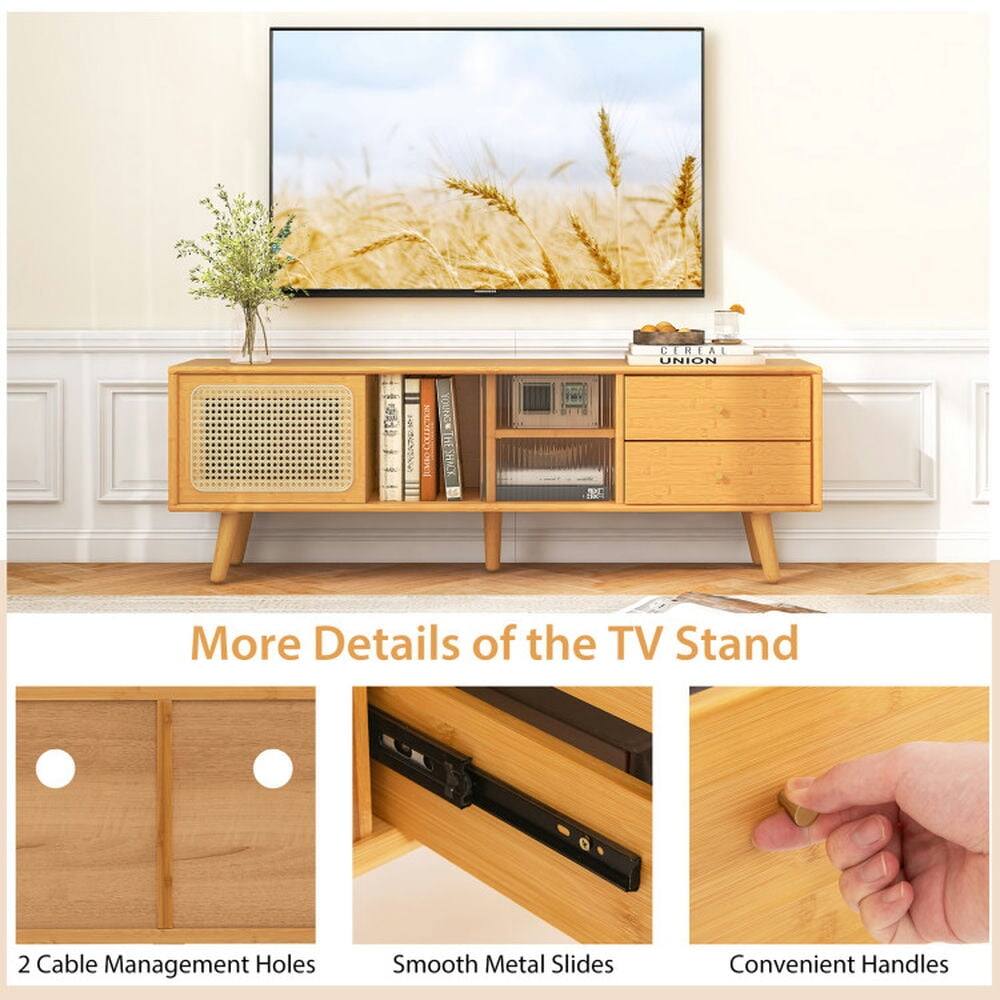 More Details of the TV Stand

- 2 Cable Management Holes
- Smooth Metal Slides
- Convenient Handles