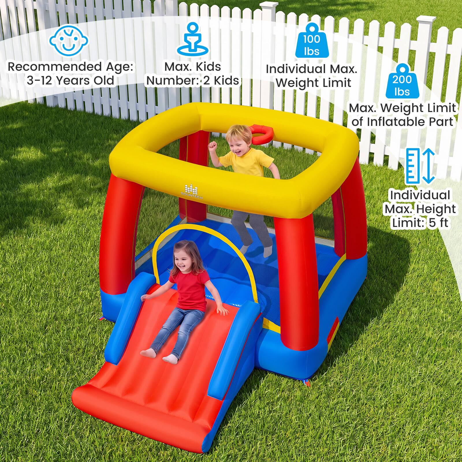 Recommended Age: 3-12 Years Old  
Max. Kids Number: 2 Kids  
Individual Max. Weight Limit: 100 lbs  
Max. Weight Limit of Inflatable Part: 200 lbs  
Individual Max. Height Limit: 5 ft
