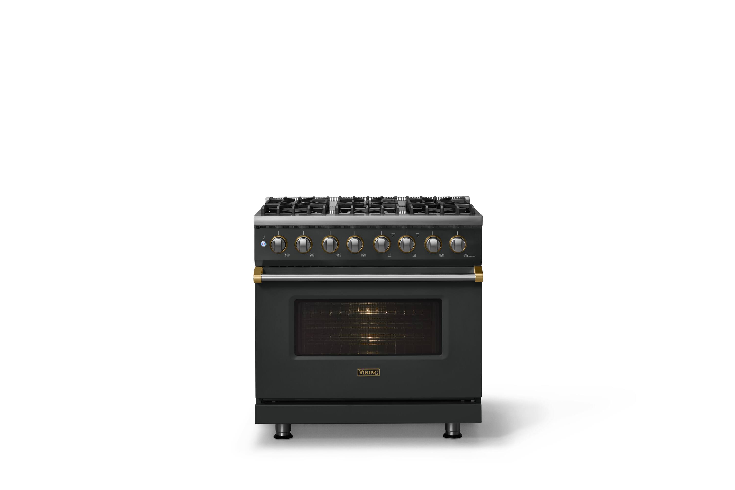 Alt View 2. Viking - 36"W 5.6 Cu.Ft. Pro5S Freestanding Sealed 6 Burner Dual Fuel Convection LP Range - Antique Bronze w. Brushed Brass Trim - Antique Bronze.