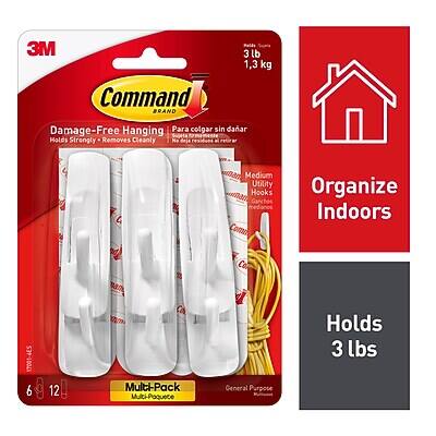 3M Command Brand  
Damage-Free Hanging  
Para colgar sin dañar  
Holds Strongly / Remueve limpiamente  
Medium Utility Hooks  
Ganchos de utilidad media  
Organize Indoors  
Holds 3 lbs / 1.3 kg  
Multi-Pack / Multi-Paquete  
General Purpose  
6 12