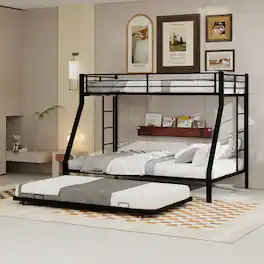 Loheer - Twin XL Over Queen Metal Triple Bunk Bed with Trundle Heavy Duty Steel Frame - Black