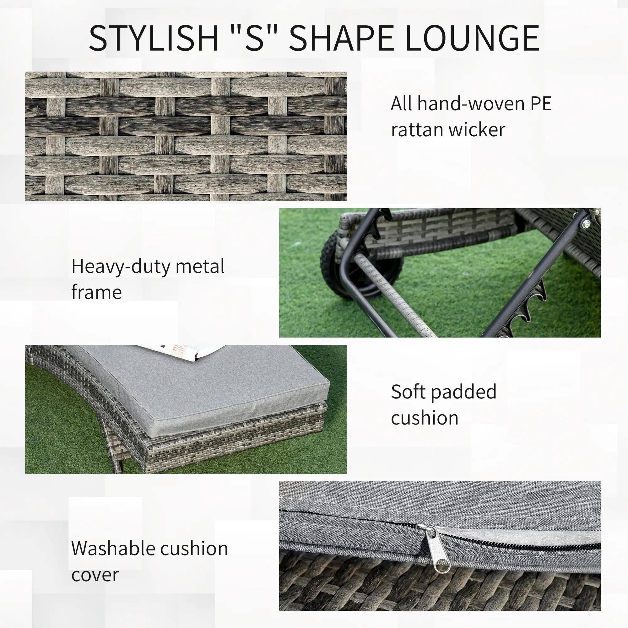 STYLISH "S" SHAPE LOUNGE

- All hand-woven PE rattan wicker
- Heavy-duty metal frame
- Soft padded cushion
- Washable cushion cover