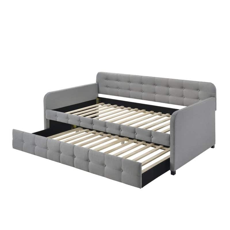 Hivvago - Tufted Polyester Linen Twin Daybed with Trundle - Gray