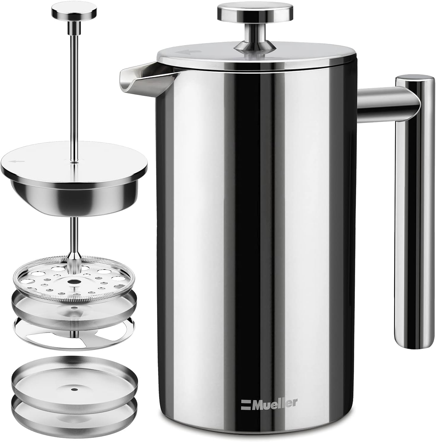 MuellerLiving - French Press Coffee Maker 20oz, Stainless Steel, 4 Filter Heat Resistant Double Insulated, Rust-Free, Food Grade - Silver