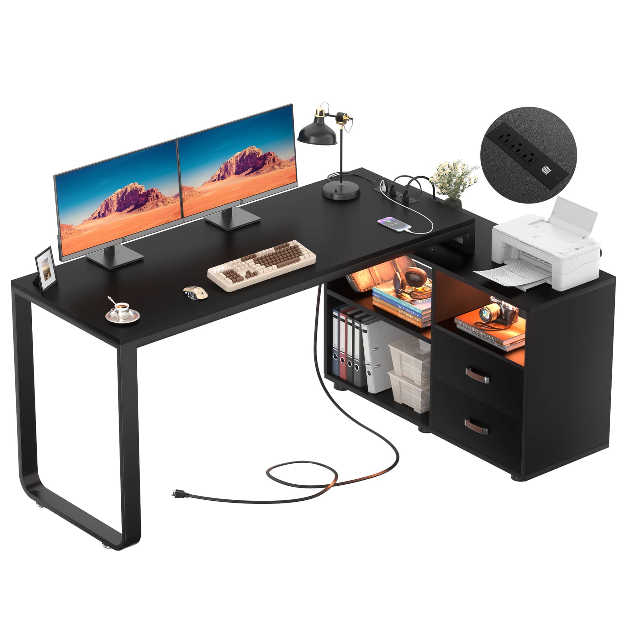 Aheaplus Reversible L Shaped Computer Desk with Drawers and