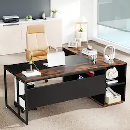 Tribesigns - 71" L-Shaped Executive Desk, Large Office Desk with Lateral Cabinet and Open Shelves, Industrial Computer Table for Home - Walnut & Black