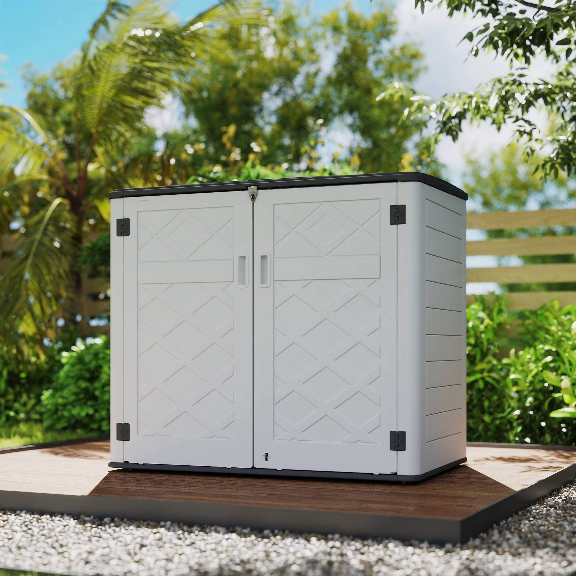 Angle. Yardgrace - Outdoor Storage Shed 358 Gal. 53.15 in. x 33.07 in. x 46.85 in. Resin Large Waterproof Deck Box Shed - White No shelves.
