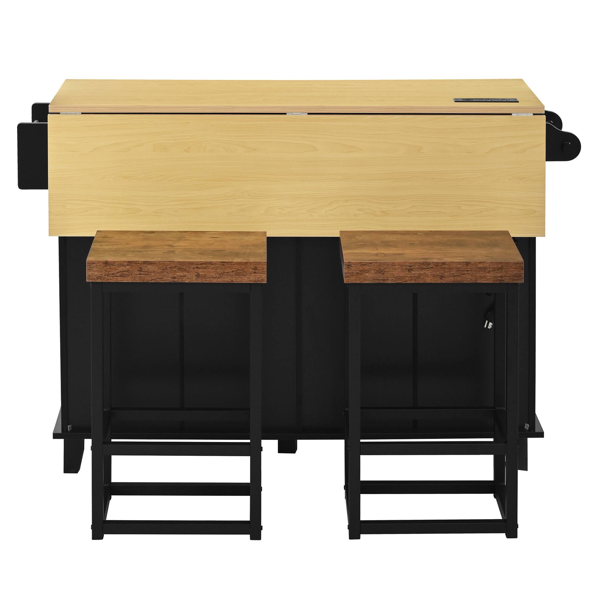 Alt View 5. Forest'nSky - Farmhouse Kitchen Island with Drop Leaf & 2 Seats, Storage Cabinet with Drawers & Power Outlet, Black - Black.