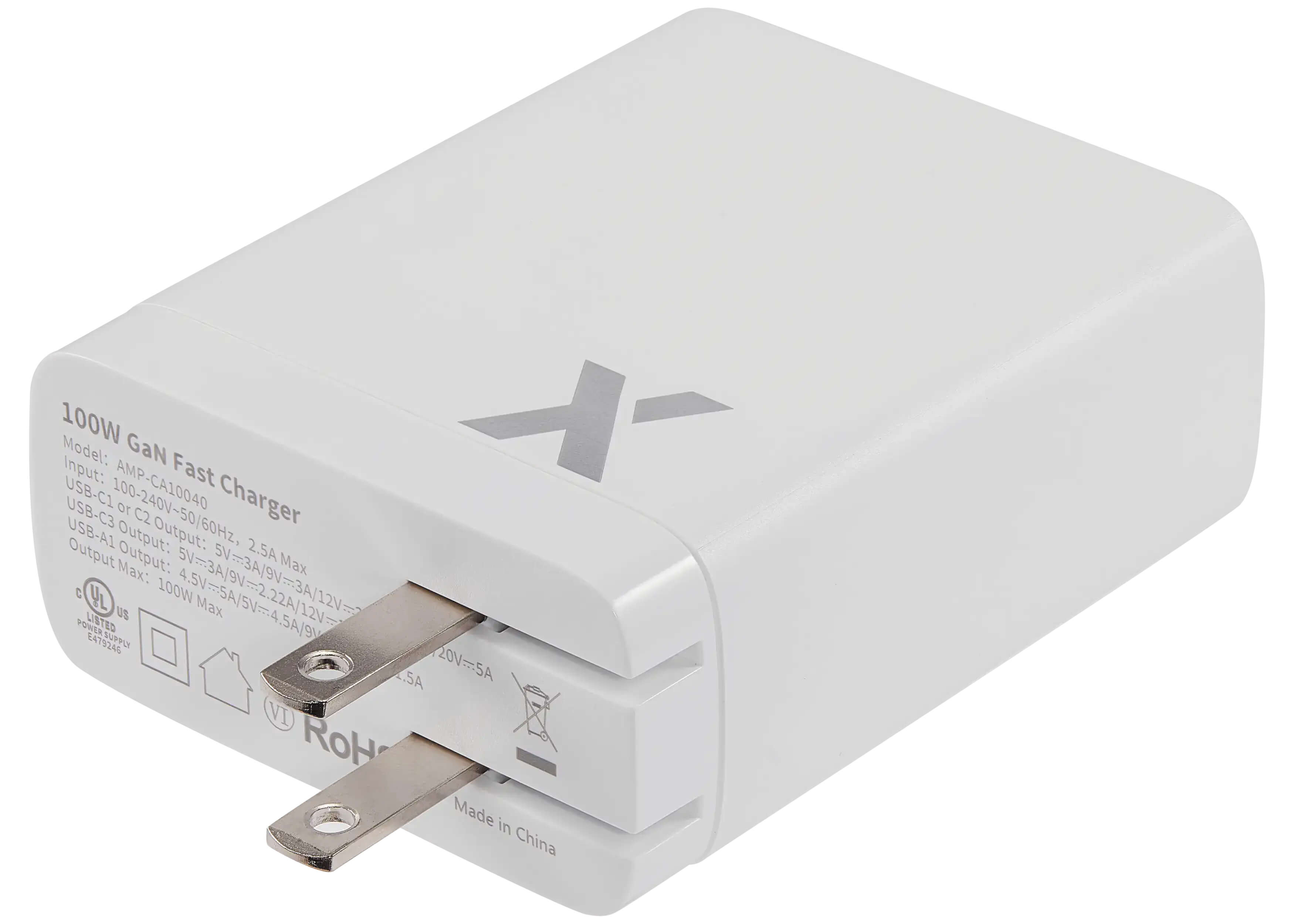 100W Model: AMP-CA10040 GaN Fast Charger USB-C1 or USB-C2 Output: 5V=3A/9V=2.22A/12V=5A/20V=5A Input: 100-240V-50/60Hz, 2.5A Max: 100W LISTED UL 0S POWERSUPPLY 2473246 VI RoH Made in China