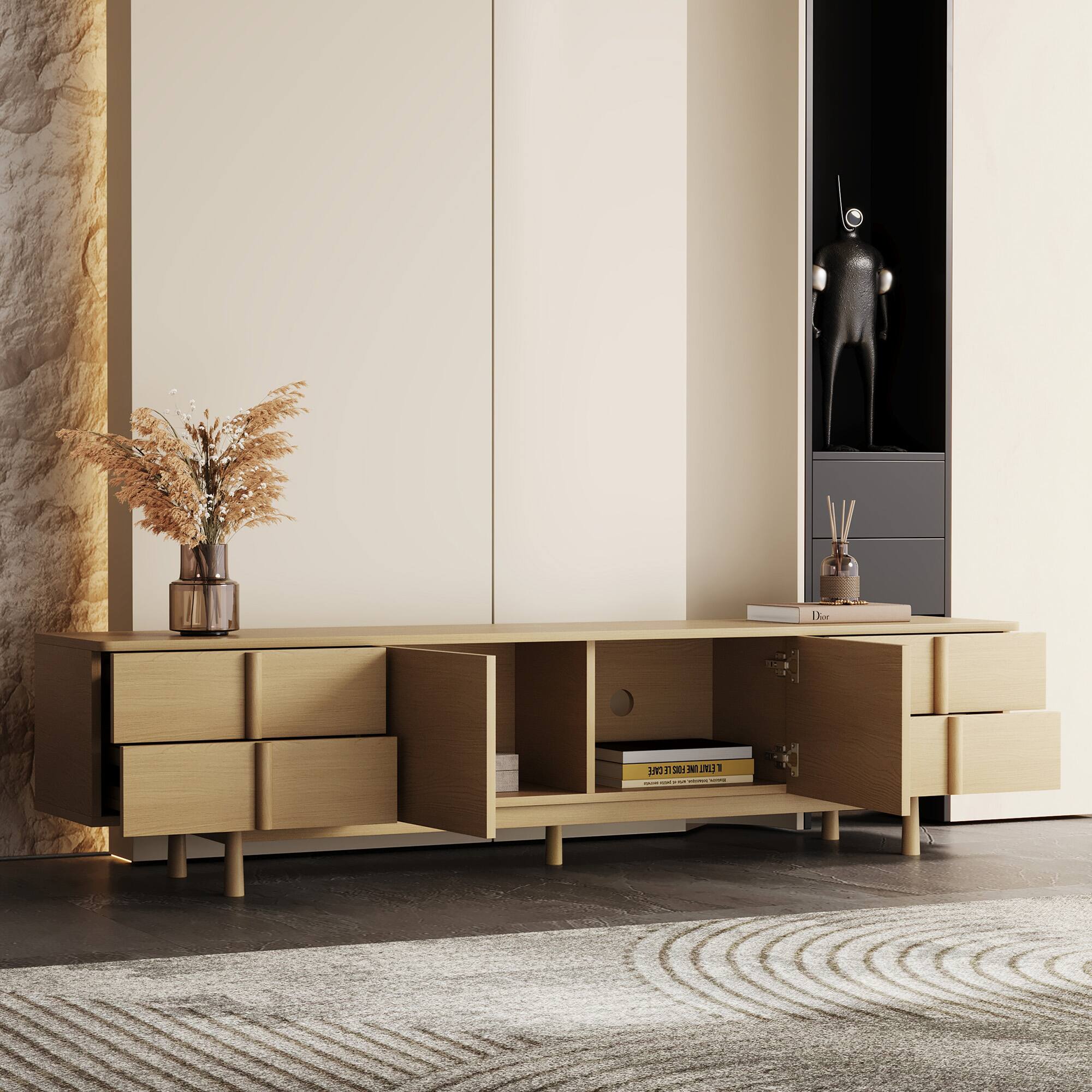 Left. luck idea - Medieval Modern Style 86.8-Inch TV Stand with Solid Wood Handles & Feet, Soft-Close Hinges + Cable Management Holes - Natural Color.