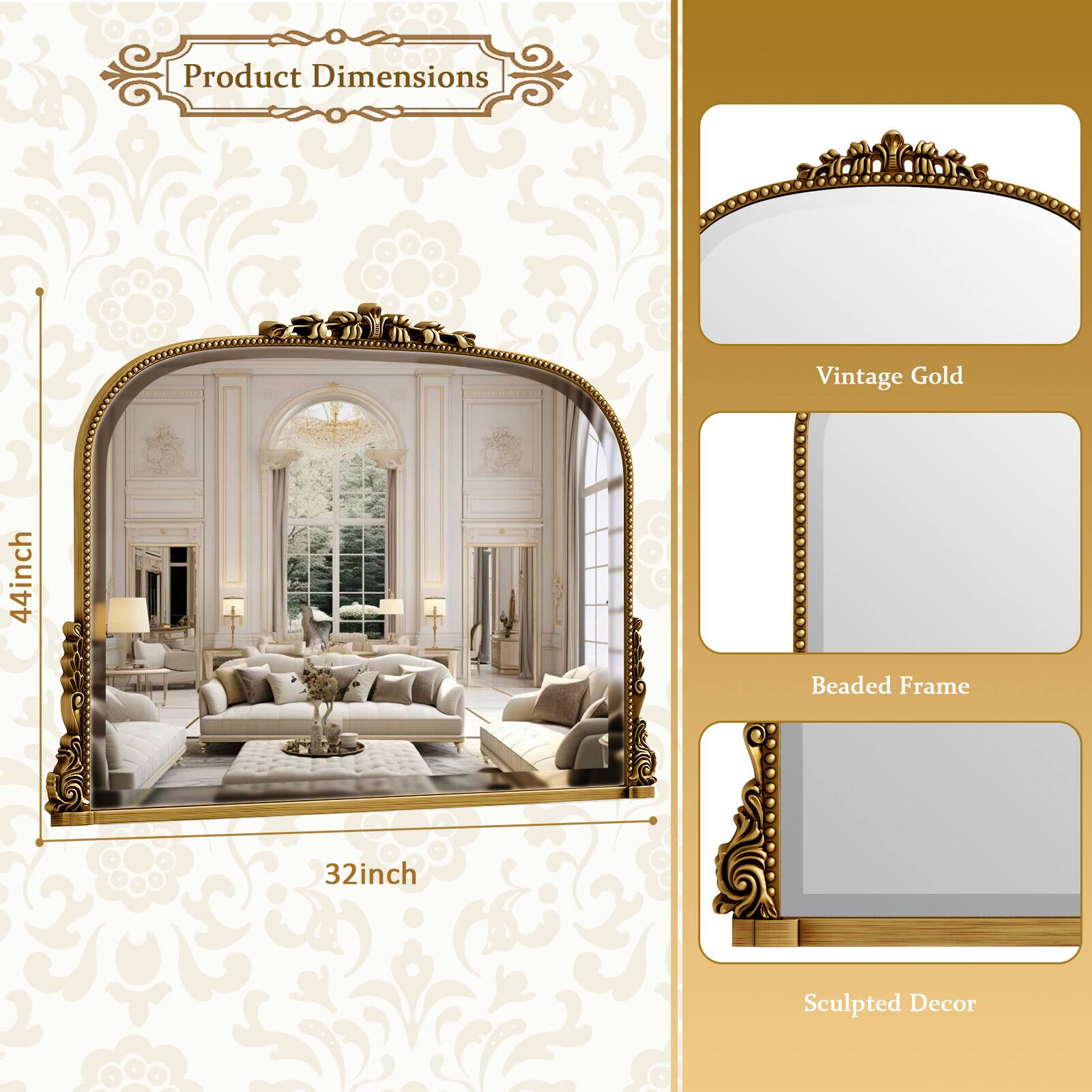 Product Dimensions: Vintage Gold, 44inch Beaded Frame, 32inch Sculpted Decor