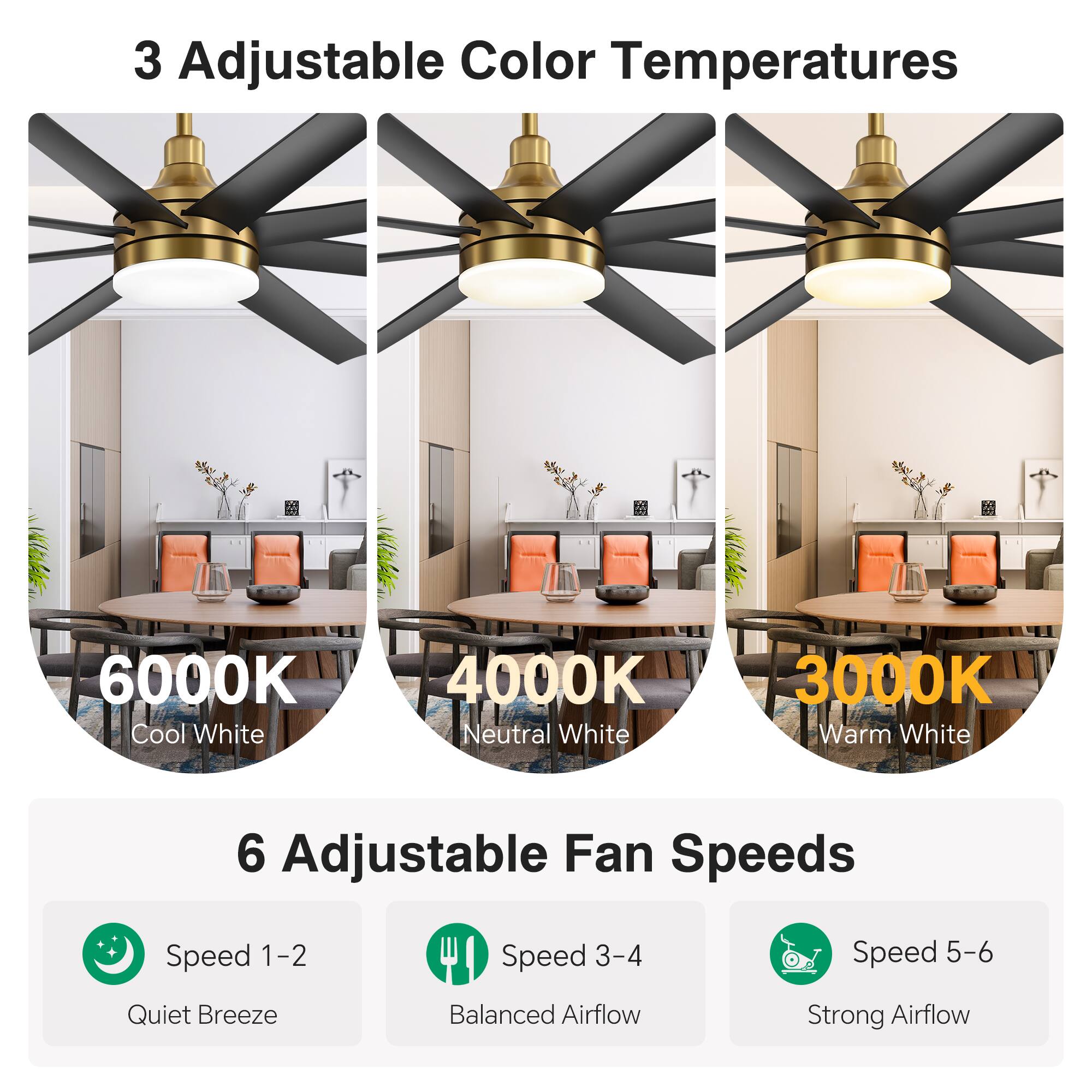 3 Adjustable Color Temperatures
6000K Cool White
4000K Neutral White
3000K Warm White
6 Adjustable Fan Speeds
Speed 1-2
Speed 3-4
Speed 5-6
Quiet Breeze
Balanced Airflow
Strong Airflow