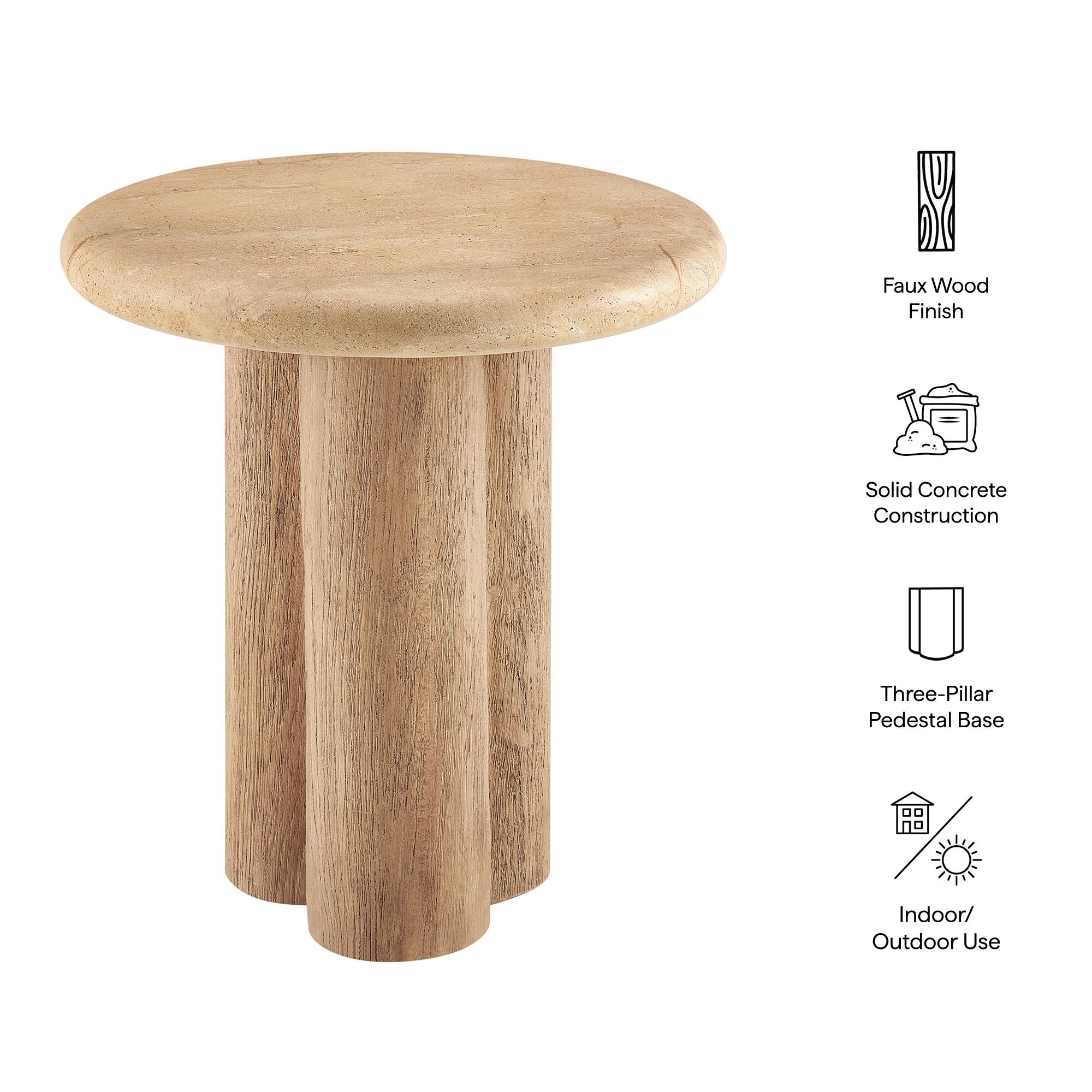 Faux Wood Finish  
Solid Concrete Construction  
Three-Pillar Pedestal Base  
Indoor/Outdoor Use
