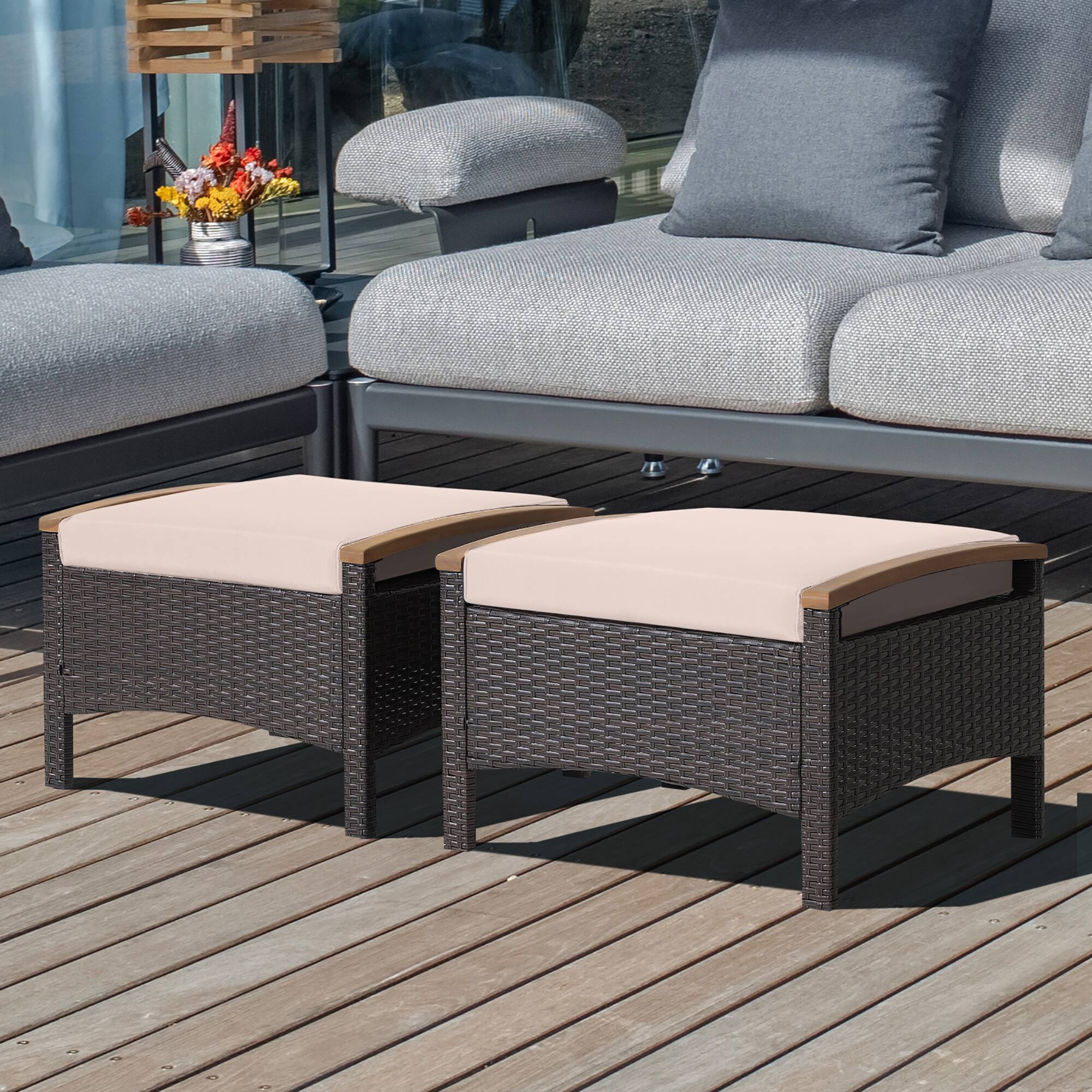 Alt View 1. Costway - Costway Set of 2 Patio Rattan Ottoman Footrest Cushions Wooden Handle - Mix Brown,Beige.