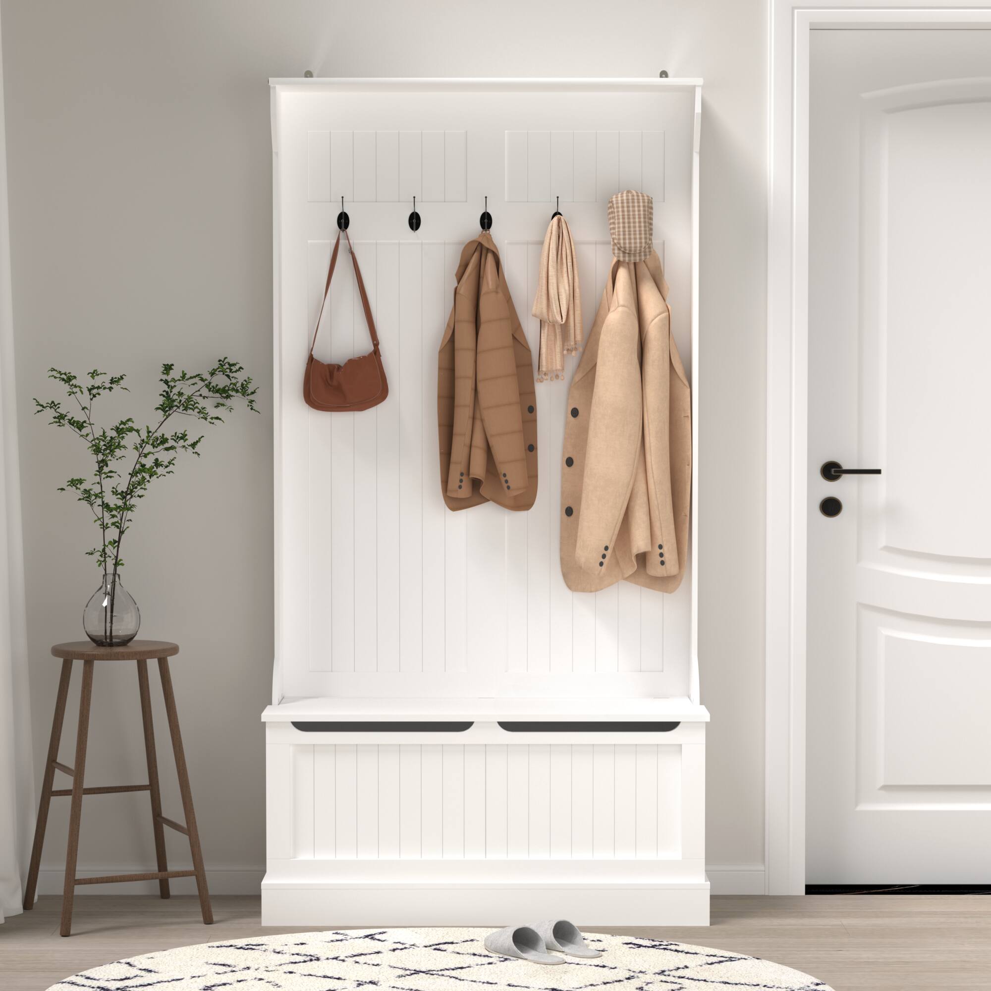 Alt View 1. GOODSILO - White Entryway Storage Bench with Coat Rack and Shoe Organizer for Hallway Organization and Seating - White.