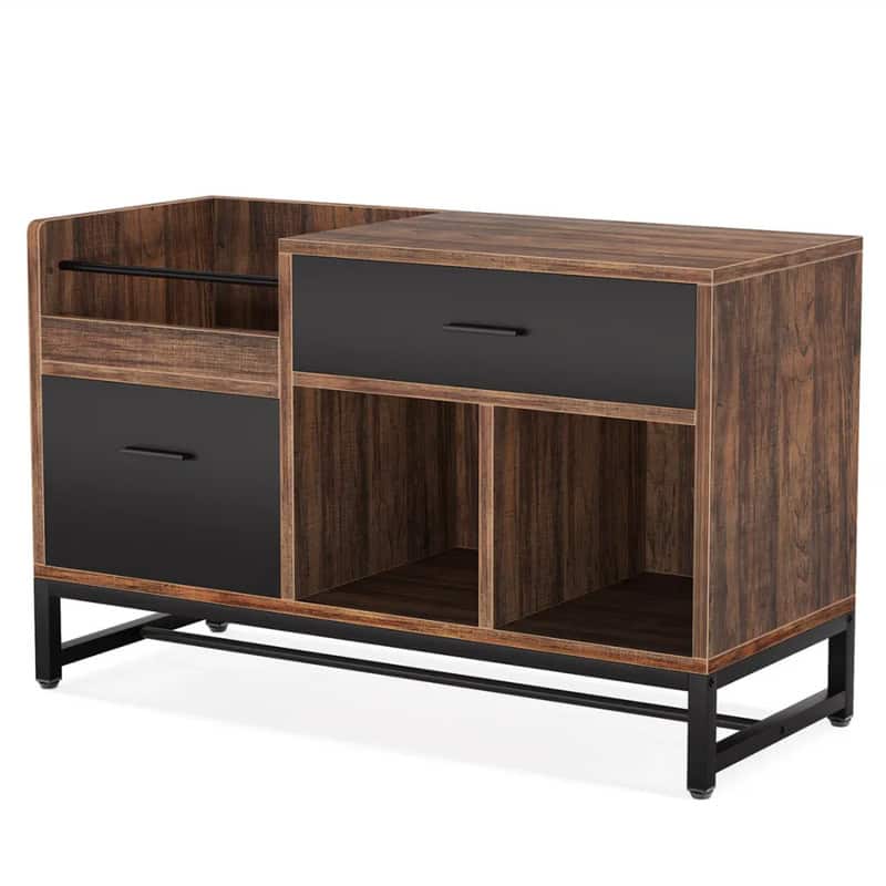 HTUTWOO - Lateral Filing Cabinet - Practical High Filing Organizer with 2 Drawers, 3 Large Compartments,Steel Frame, Printer Stand - Black+Brown