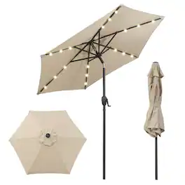 Costway - 7.5 ft Solar Powered Patio Umbrella with LED Lights Push Button Tilt Crank Handle - Beige