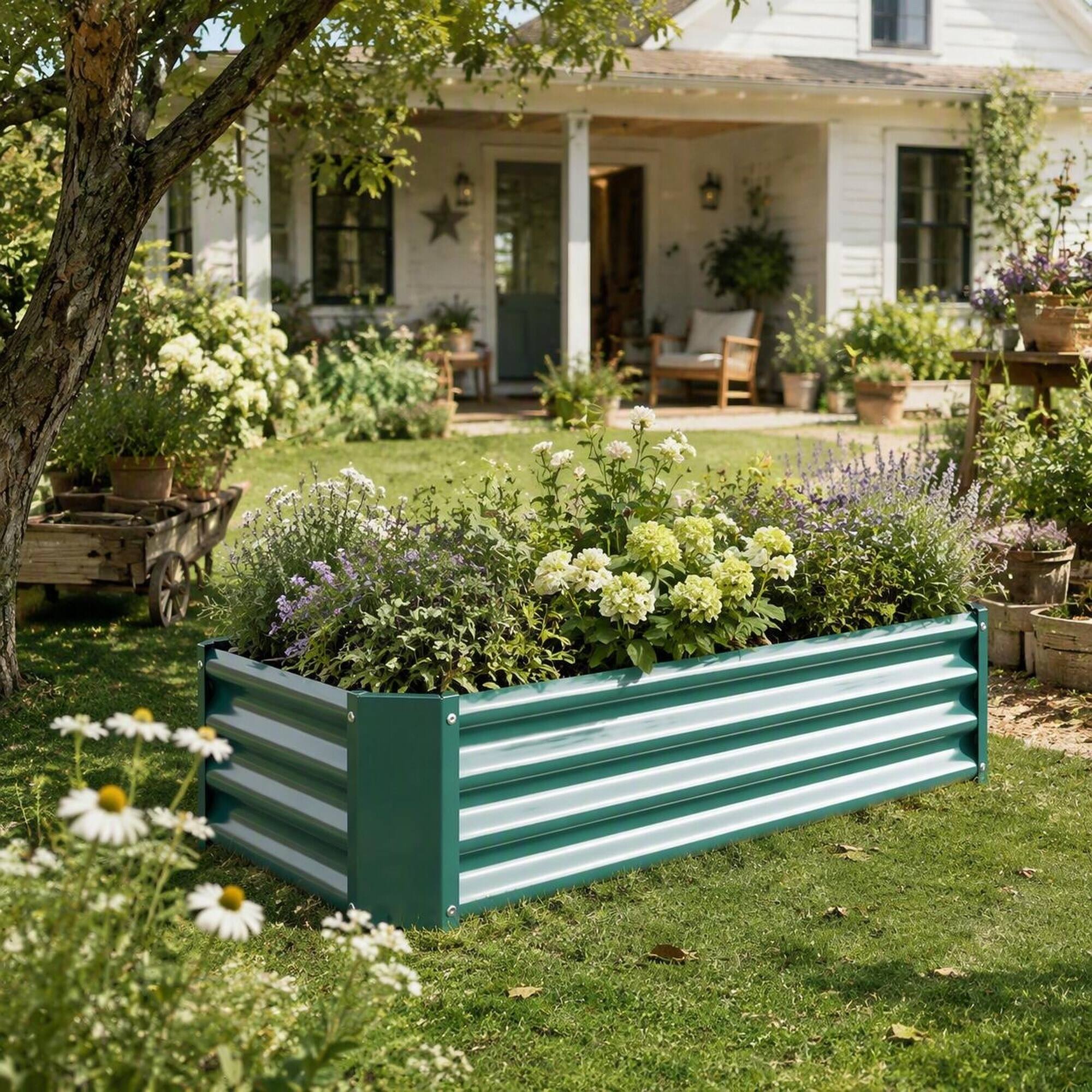 Left. RYHNUYNE - 2 Pack Green Metal Raised Garden Bed 4x2x1 ft Rectangle Planter for Vegetables Flowers and Herbs - Green.