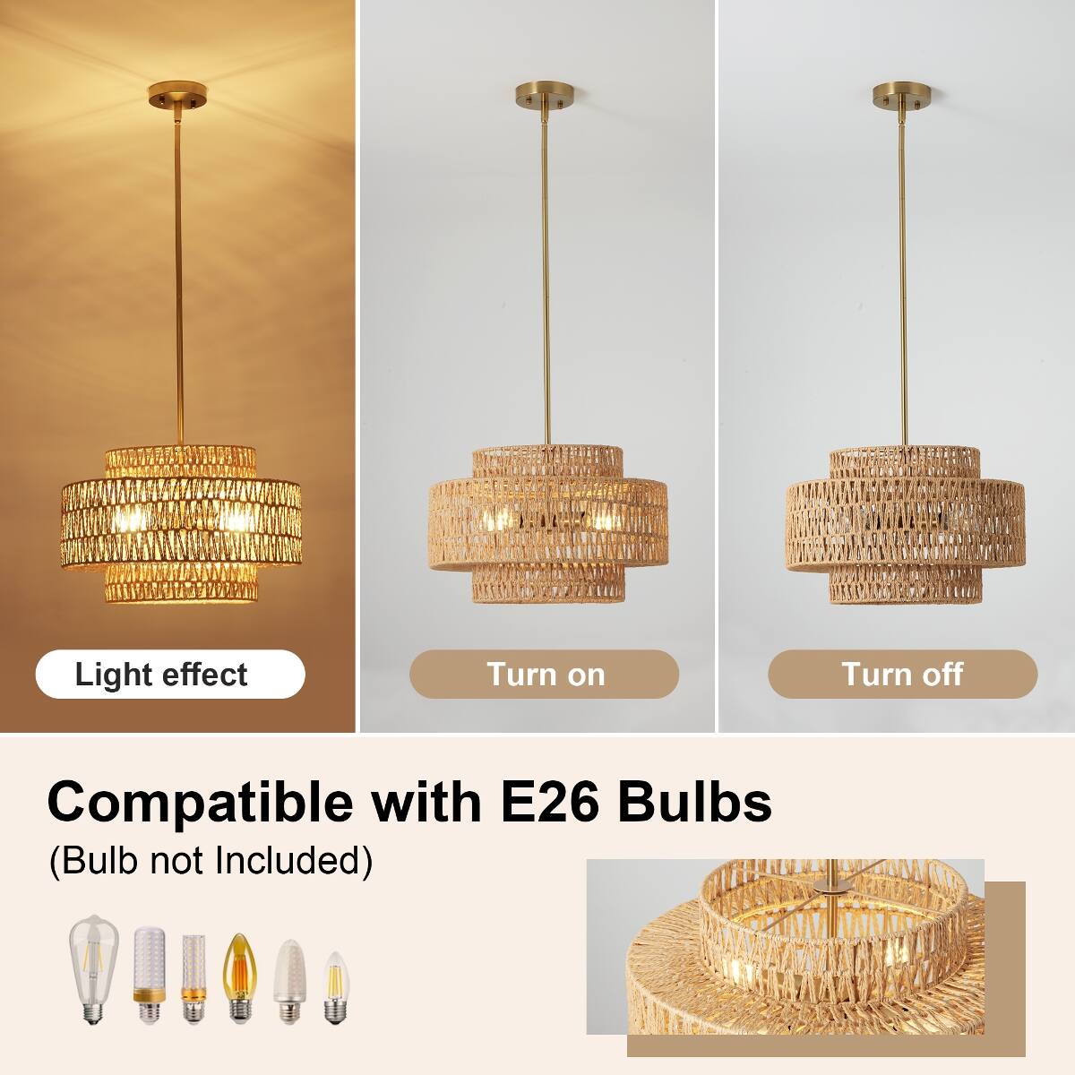 Light effect  
Turn on  
Turn off  
Compatible with E26 Bulbs (Bulb not Included)