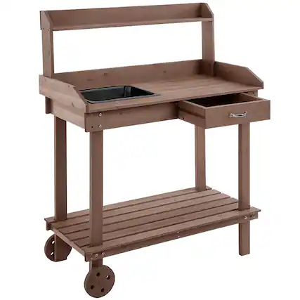 Front. Outsunny - Wooden Potting Bench Work Table with 2 Removable Wheels, Sink - Brown.