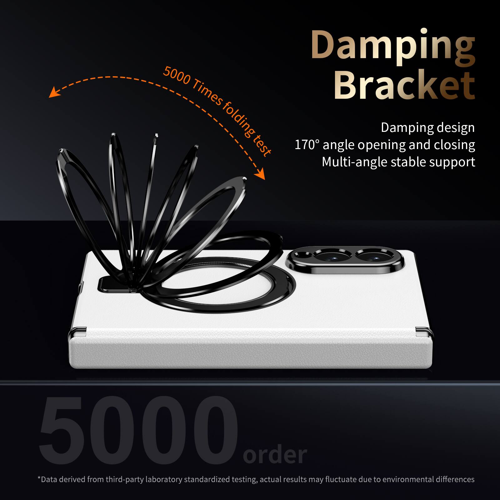 Damping Bracket  
5000 Times folding test  
Damping design  
170° angle opening and closing  
Multi-angle stable support  

5000 order  
*Data derived from third-party laboratory standardized testing, actual results may fluctuate due to environmental differences