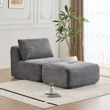 Front. Boyel Living - Memory Foam Corduroy Chaise Lounge with Movable Ottoman - Grey.