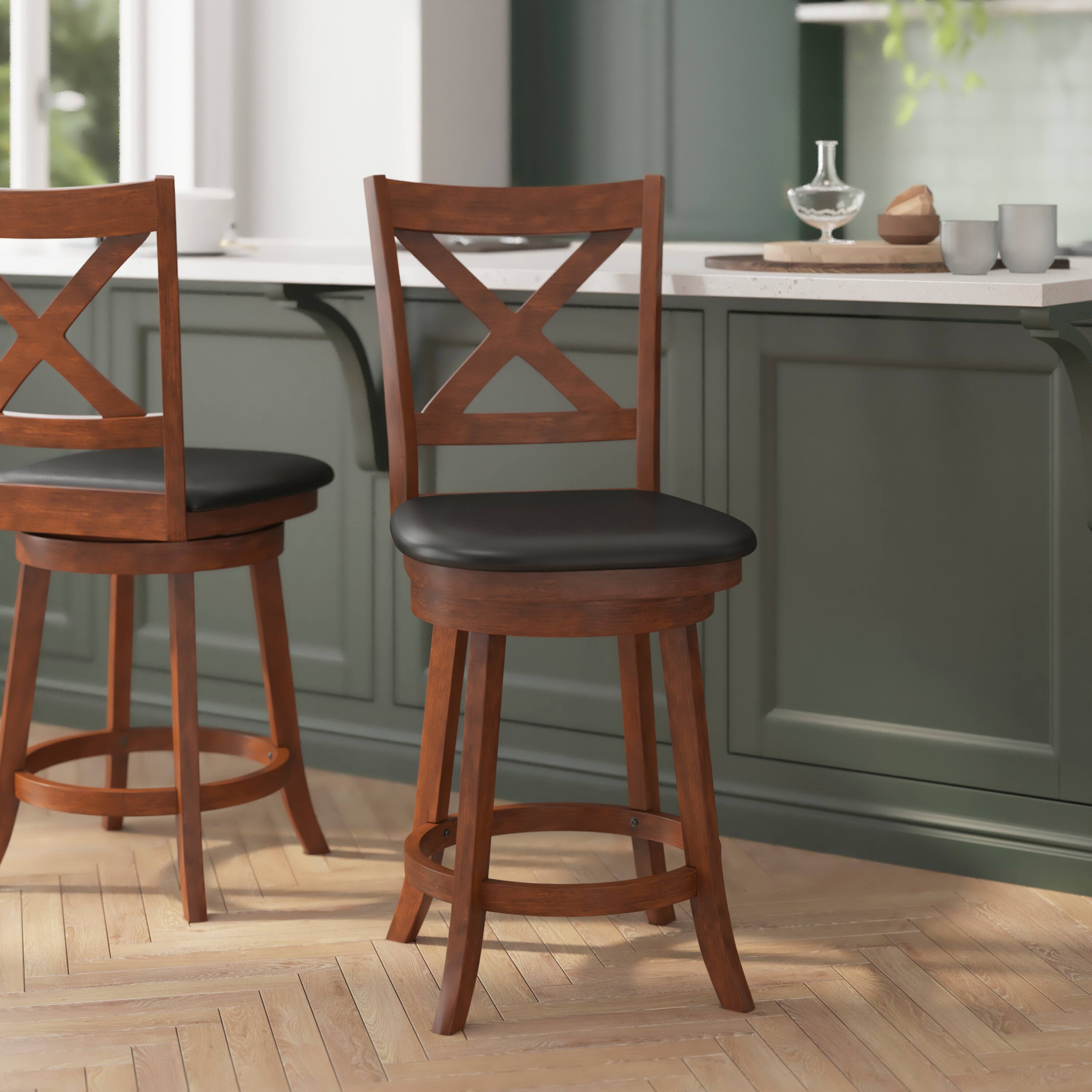 Alt View 1. Flash Furniture - Felicity Commercial Grade Wood Classic Crossback Swivel Counter Height Barstool with Padded Black LeatherSoft Seat, Anti - Brown.