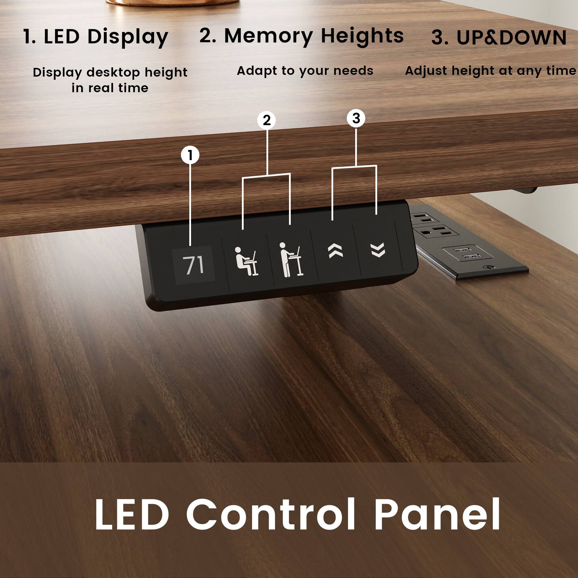 1. LED Display  
   - Display desktop height in real time

2. Memory Heights  
   - Adapt to your needs

3. UP&DOWN  
   - Adjust height at any time

LED Control Panel