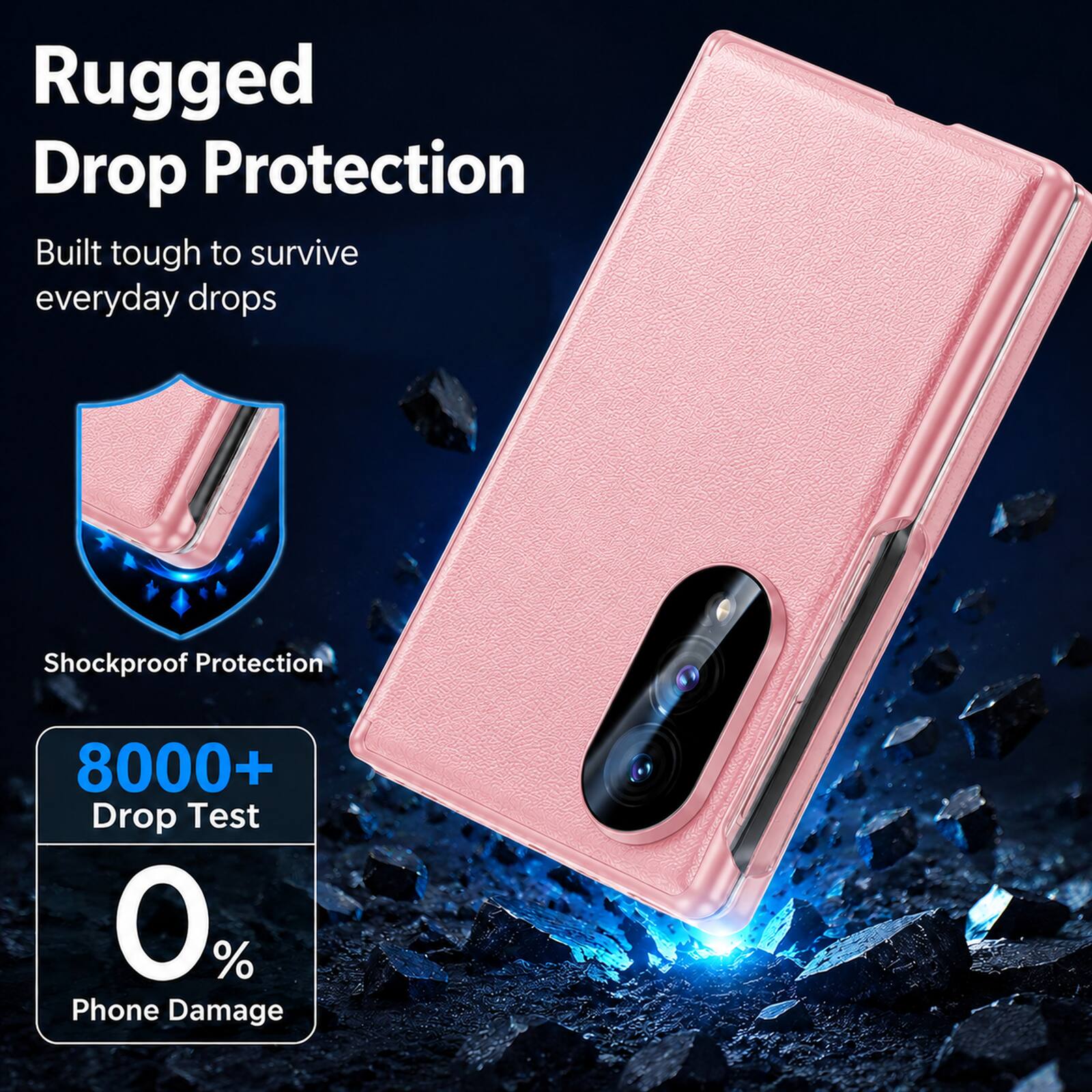 Rugged Drop Protection  
Built tough to survive everyday drops  

Shockproof Protection  

8000+ Drop Test  
0% Phone Damage