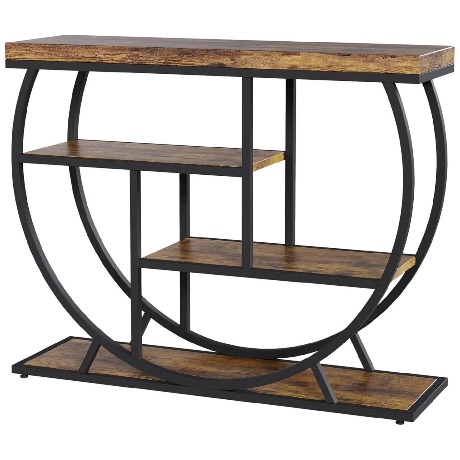 Angle. Qeetex - Entryway Table with Storage, Industrial 4-Tier Narrow Console Table Behind Couch - Rustic Brown.