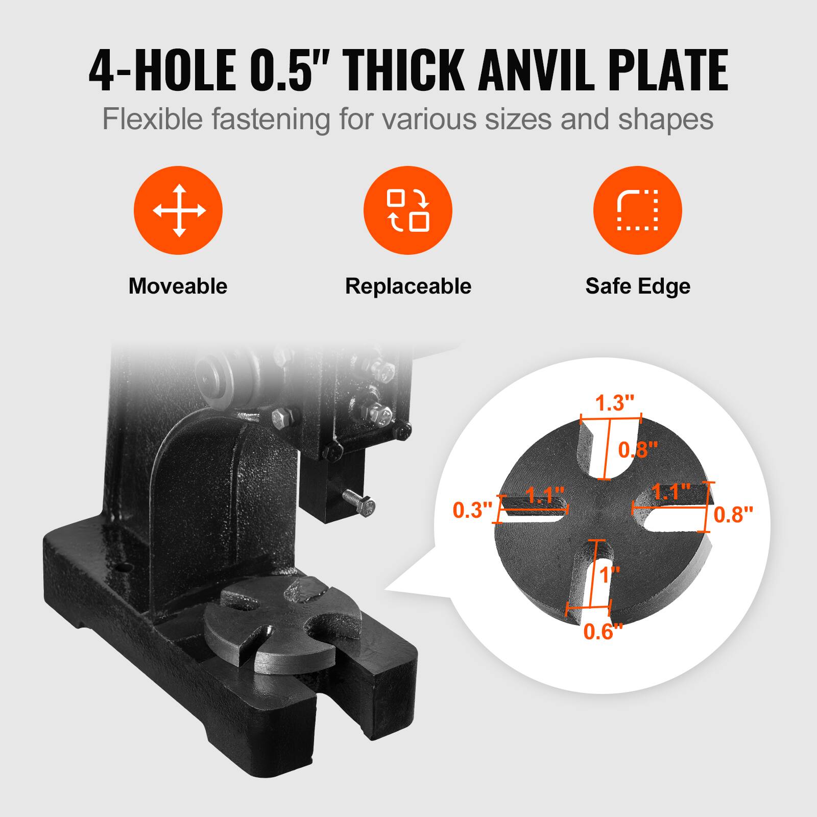 4-HOLE 0.5" THICK ANVIL PLATE  
Flexible fastening for various sizes and shapes  

- Moveable  
- Replaceable  
- Safe Edge  

Dimensions:  
- 1.3"  
- 0.8"  
- 0.3"  
- 1.1"  
- 1.1"  
- 0.8"  
- 1"  
- 0.6"