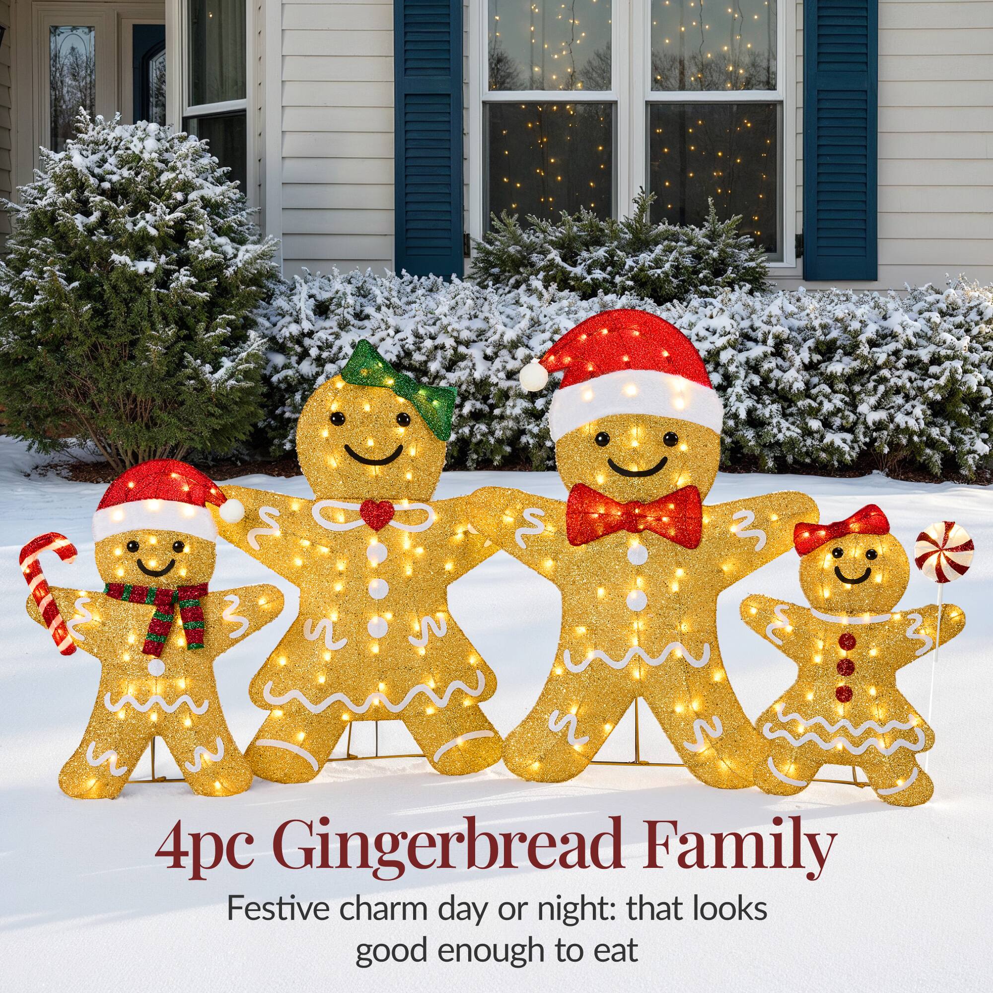 4pc Gingerbread Family  
Festive charm day or night: that looks good enough to eat