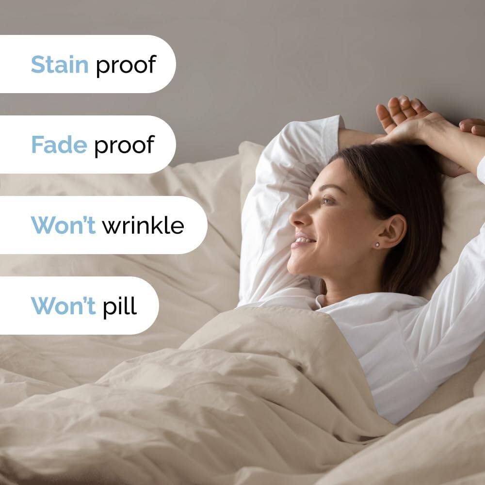 Stain proof  
Fade proof  
Won't wrinkle  
Won't pill