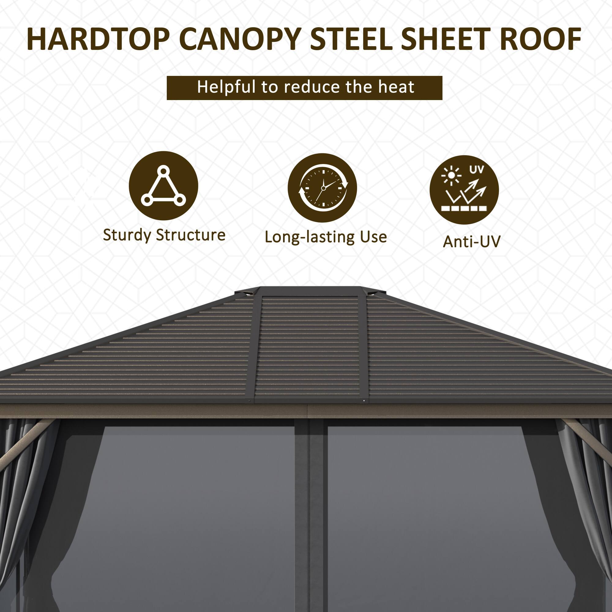 HARDTOP CANOPY STEEL SHEET ROOF  
Helpful to reduce the heat  

- Sturdy Structure  
- Long-lasting Use  
- Anti-UV