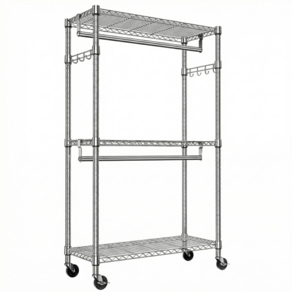 Alt View 1. LUCKY ONE - 74.5" H 3-Tier Heavy Duty Rolling Garment Rack w/ 2 Rods Side Hooks - Chrome.