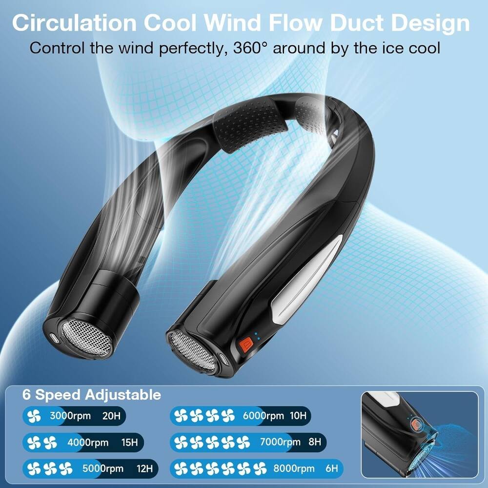 Circulation Cool Wind Flow Duct Design  
Control the wind perfectly, 360° around by the ice cool  

6 Speed Adjustable  
3000rpm 20H  
4000rpm 15H  
5000rpm 12H  
6000rpm 10H  
7000rpm 8H  
8000rpm 6H