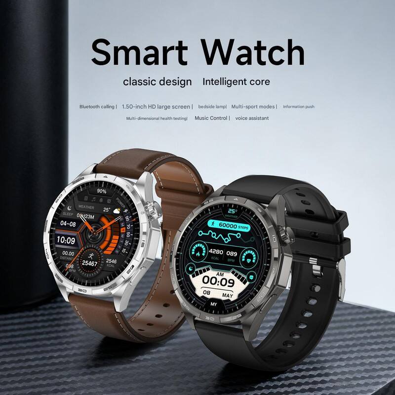 Smart Watch  
classic design  
Intelligent core  

Bluetooth calling | 1.50-inch HD large screen | bedside lamp | Multi-sport modes | Information push | Multi-dimensional health testing | Music Control | voice assistant  

90% WEATHER POWER  
25° SLEEP 08:42:3M  
06 04-08 0L 5o 10:09 30 00.00 - DISTANCE 25467 2546 098 KCAL - - CEA 25 WETHER f 60000 T 4280 089 KCAL SPM AM 00:09 OB MAY MY B0 -2