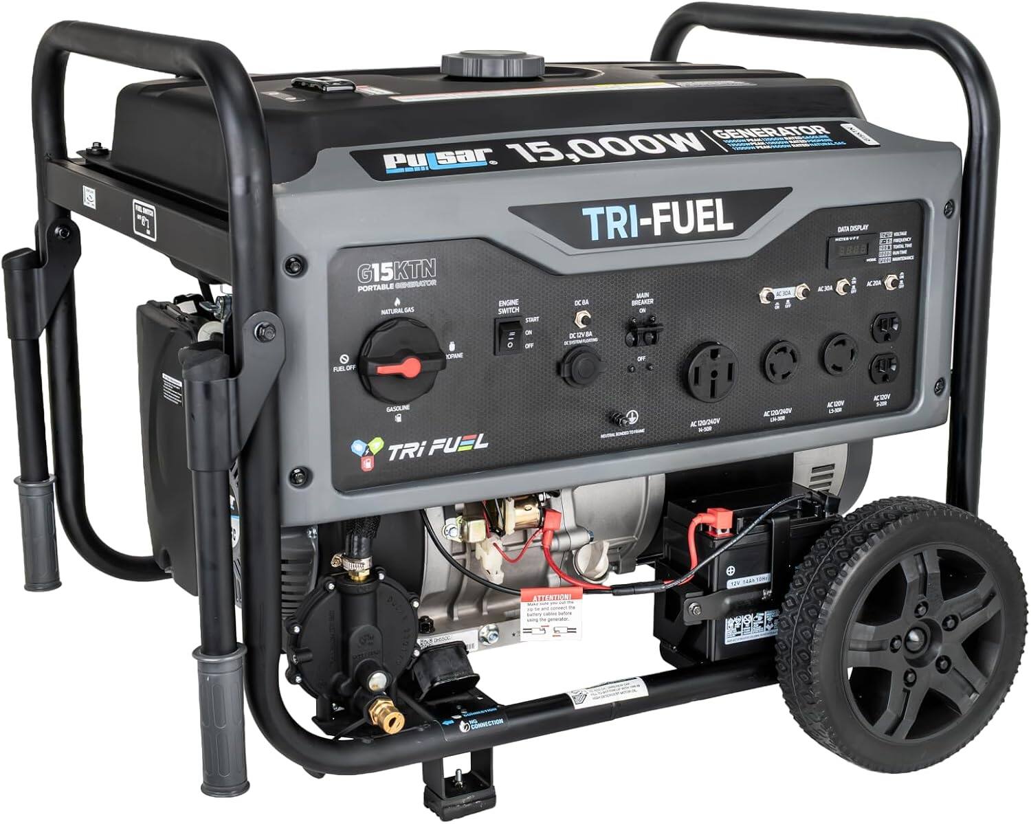 87
GENERATOR PU SAR 15,000W TRI-FUEL DATA DISPLAY 15KTN AC20A PORTABLE GENERATOR AC30A BARAN ENGINE DC M BREAKER NATURAL GAS SWITCH DV START
a A
PUEL TRO
. TOPANE
ON CFF
IQV8A
OFF
GASOLINE TRI FUEL
AC 120/240V 16-500
AL 120/240V CH-308
120V
VOS:
ATTENTION!
COMMECTION