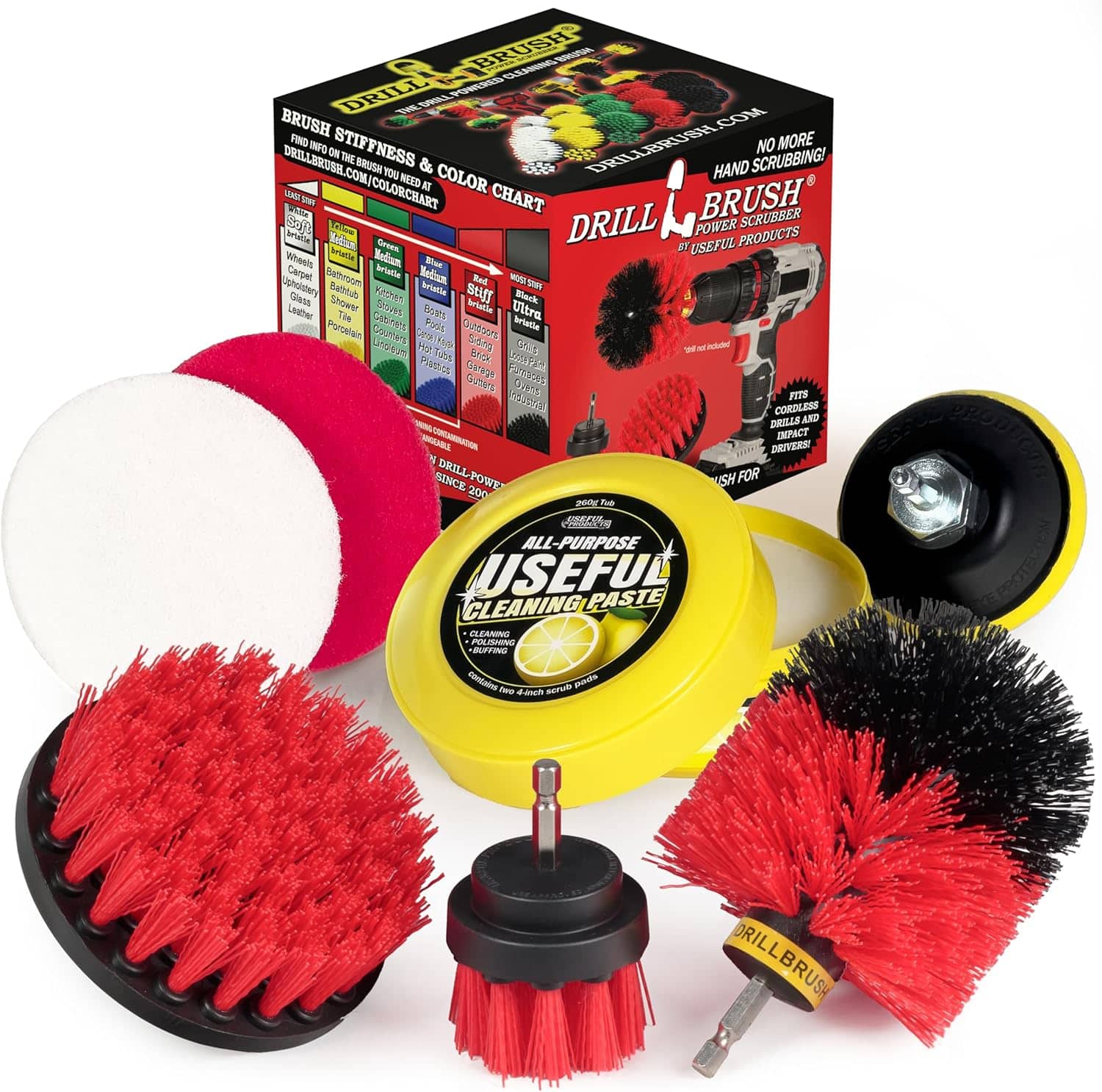 Drillbrush - Heavy Duty Nylon Bristle Brush Cleaning Supplies with All Purpose Cleaner Paste - Ideal for Deck, Patio, and Home Siding - Red