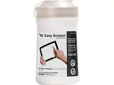 PDI Easy Screen
CLEANING WIPES
Contains: 70 Wipes 6" x 9" (15.2 cm x 22.8 cm)
Net Wt. 3.7 oz (105 g)
Keep Out of Reach of Children
Caution: For external use only.
Removes dirt, grime, and fingerprints from tablets, smartphones, and other touchscreens.
Compatible with all touchscreens.
Non-toxic, non-abrasive, and streak-free.
Read of Children
Caution