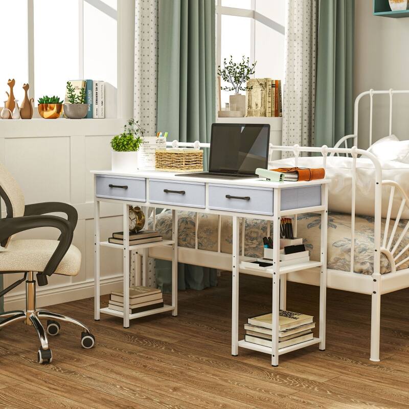 Angle. Anysun - 47" Small Computer Desk with Fabric Drawers & Adjustable Shelves, Space-Saving Home Office Writing Desk - White.