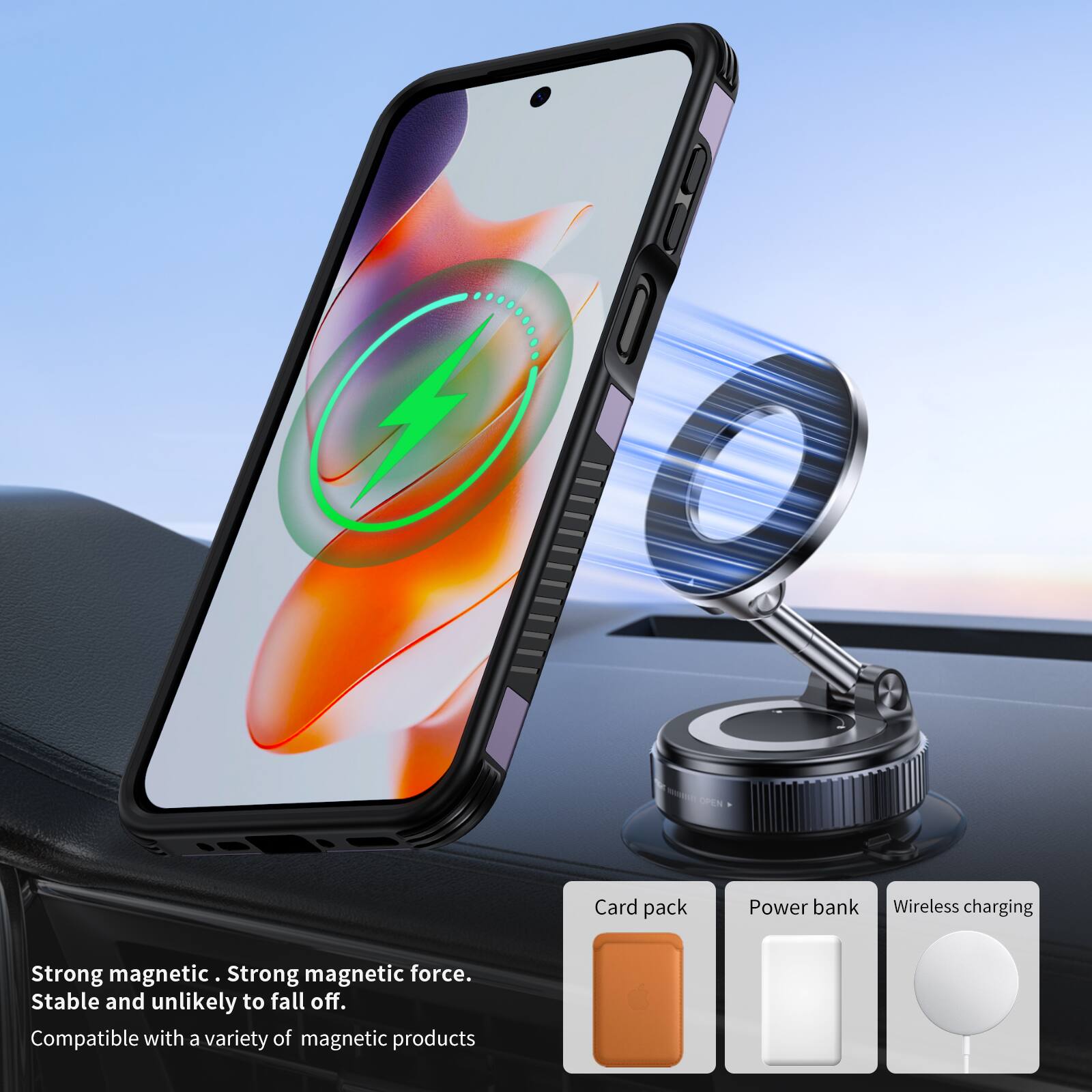OPEN

Card pack  
Power bank  
Wireless charging  

Strong magnetic. Strong magnetic force. Stable and unlikely to fall off. Compatible with a variety of magnetic products